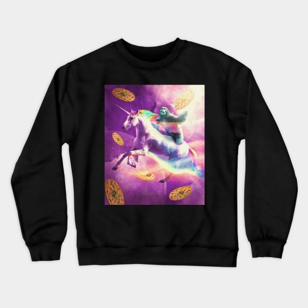 Space Sloth Riding On Flying Unicorn With Pizza Crewneck Sweatshirt by Random Galaxy